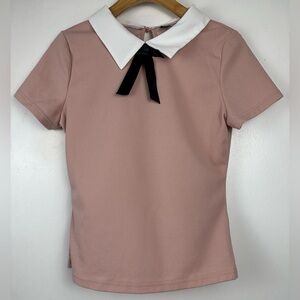 SHEIN Sz 4 Small Pink Top Contrast Peter Pan Collar Bow Tie Preppy Cottagecore